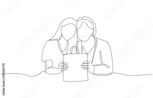 Continuous one line of granddaughter giving gift to grandmother, family bonding concept, single line art