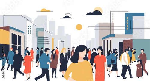 Diverse crowd of people walking in a modern city street.