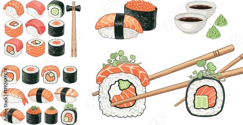 Sushi and rolls collection with salmon nigiri maki chopsticks and soy sauce Japanese food vector illustration set isolated