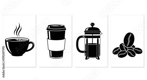 Collection of stylized black and white vector graphics depicting coffee items steaming cup disposable takeaway cup
