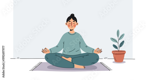 Woman practicing yoga at home with a houseplant