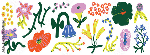 Vibrant watercolor flowers, leaves, and butterflies on white background