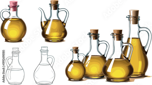 Olive oil glass bottles collection with cork stoppers kitchen condiment containers set realistic vector illustration isolated design