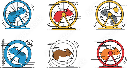Cute hamster running in wheel cartoon set small pet exercise activity icons collection vector illustration isolated design
