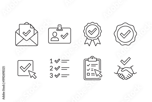Professional Business Agreement and Task Completion Icon Set Featuring Verification and Approvals