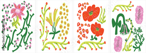 Vibrant watercolor flowers, leaves, and berries in a botanical arrangement