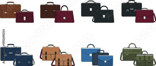 Business briefcase and handbag collection professional office bags set leather work accessories vector illustration isolated design elements