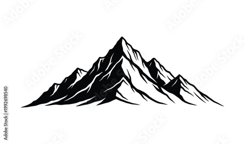 Black and white illustration of rugged mountain peaks with detailed ridges and valleys, conveying a sense of adventure and tranquility in nature.