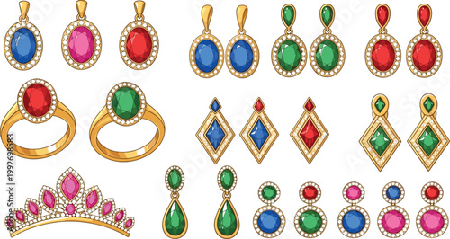 Luxury gold jewelry set with colorful gemstones rings earrings pendants and tiara collection elegant vector illustration isolated design