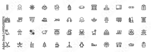 Winter icon set. Vector collection featuring snowflake, snowman, reindeer, fireplace, scarf, sled, skiing, hot chocolate, Christmas tree and more. Editable line icons.
