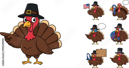 Cute cartoon turkey character set with pilgrim hat thanksgiving theme funny festive bird mascot vector illustration collection isolated