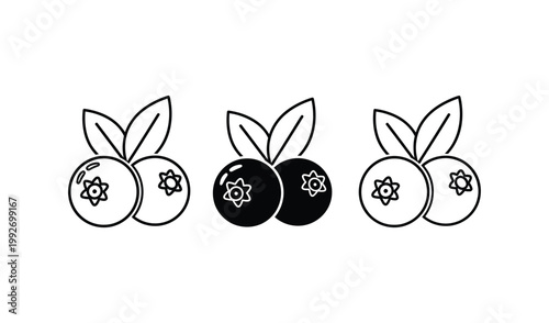 Whimsical black and white illustration of three blueberries with leaves and gears, blending nature and technology in a playful, creative concept.