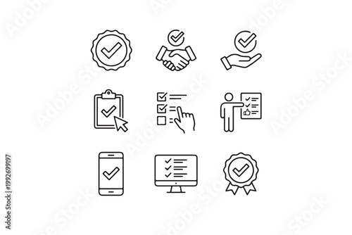 Set of Vector Line Icons for Quality Control Approval Checkmarks and Business Success Line Graphic