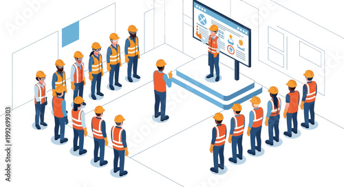 Isometric view shows a group of construction workers wearing safety vests and hard hats gathered around a presenter by a screen in a bright, white room, conveying a sense of teamwork