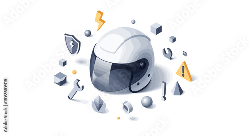 Isometric illustration features a white helmet surrounded by floating tools and geometric shapes against a clean white backdrop, rendered in a modern, minimalist style with a focus