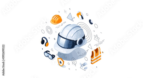 Isometric illustration of safety gear, including a white hard hat and reflective vest, amidst geometric shapes and hand-drawn elements on a clean white background, conveying safety