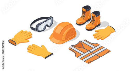 Isometric illustration showcasing essential safety gear, including a hard hat, protective eyewear, work gloves, safety vest, and sturdy boots, neatly arranged on a clean white background