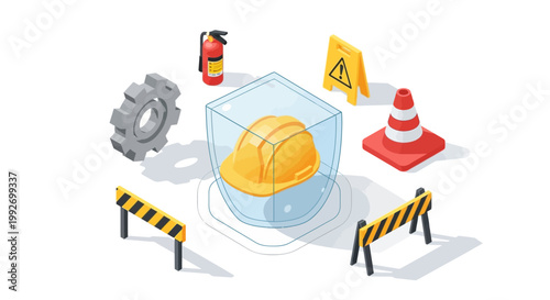Isometric illustration depicting a safety helmet encased in a protective glass cube, surrounded by a gear, fire extinguisher, traffic cone, caution sign, and barricades against a clean