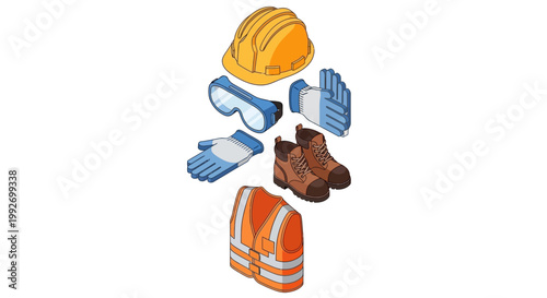 Isometric illustration presenting essential construction safety gear, including a hard hat, safety glasses, work gloves, protective boots, and a high-visibility vest, arranged