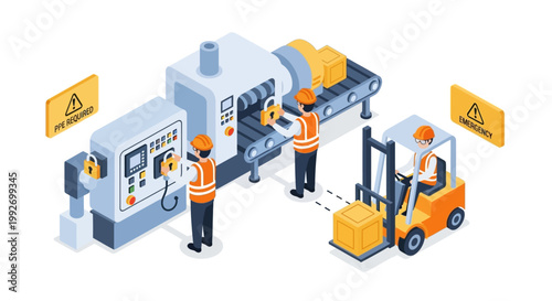 Isometric illustration of factory workers operating machinery and a forklift to move boxes in a conveyor system within an industrial setting, rendered in a clean, modern style