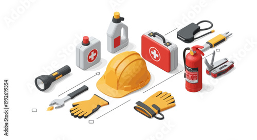 Isometric shot displays a safety kit arrangement including a yellow hard hat, gloves, first aid box, fire extinguisher, flashlight, and wrench against a clean white background