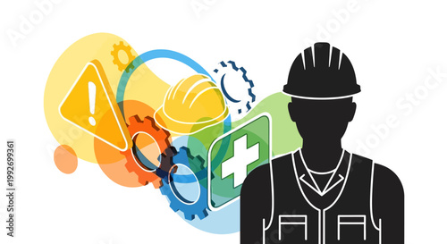 Silhouette of a construction worker with helmet and vest, illustrated with safety symbols and gears in vibrant circles, creating a modern graphic with a focus on workplace protection