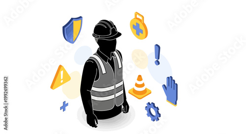 Isometric illustration of a construction worker standing with safety icons floating, set against a clean white background, creating a modern and informative visual with bright