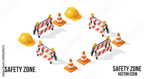 Isometric view of a construction safety zone featuring barricades and cones, with a hard hat also, positioned in a circle on a plain white background in a composition that is clean