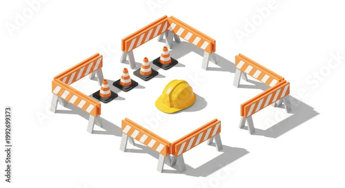 Isometric illustration shows construction barricades, cones and a hardhat arranged in a square on a white background, creating a symbolic safety zone with bright lighting and a clean