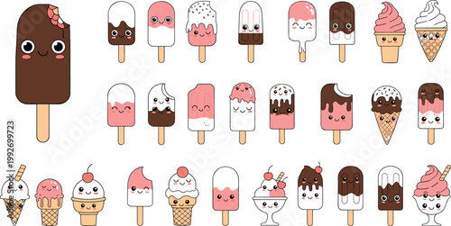 Cute ice cream and popsicle characters set with smiling faces, colorful dessert cartoon illustration isolated on white background for kids design