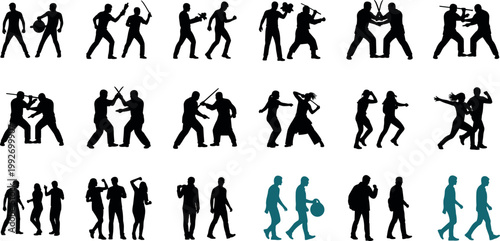 People fighting and conflict silhouettes set with aggressive poses and social situations, human interaction illustration isolated on white background