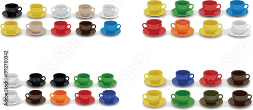 Colorful coffee and tea cups set with saucers, ceramic drinkware collection illustration isolated on white background for cafe and kitchen use