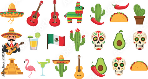 Mexican culture symbols collection with sombrero guitar cactus skull and food icons, colorful traditional elements illustration isolated on white background
