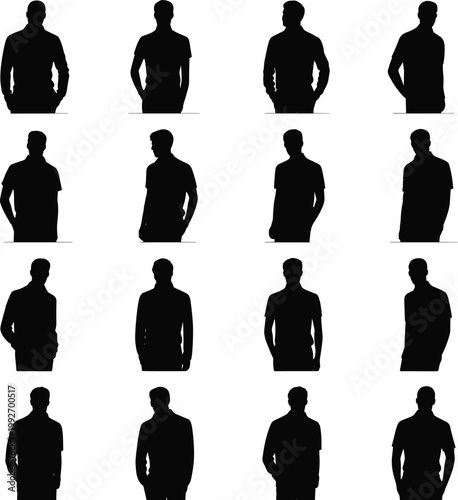 Collection of male upper body silhouettes in diverse standing poses isolated on white background for design, branding, and profile concepts