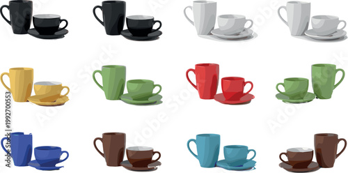 Colorful coffee cup and mug set with different styles, ceramic drinkware collection illustration isolated on white background for kitchen and cafe design