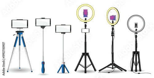 Smartphone Tripod Selfie Stick and Ring Light Mockup Set for Content Creation.  Set of smartphone holders, selfie sticks, tripod stands, and ring light accessories shown in multiple styles and layouts