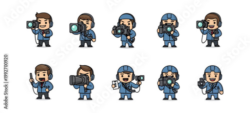 Cartoon cameramen with video cameras and audio equipment on a black background