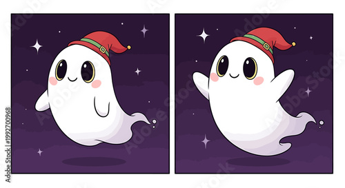 Adorable cartoon ghosts wearing festive hats floating cheerfully in a starry night sky perfect for halloween