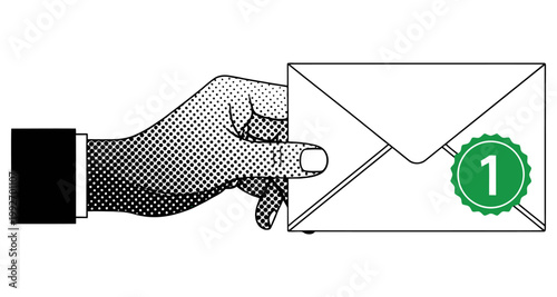 Business hand delivering sealed envelope with notification badge in halftone style