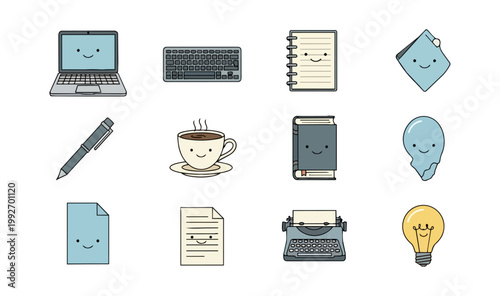 Cartoon office supplies on black background for design and business