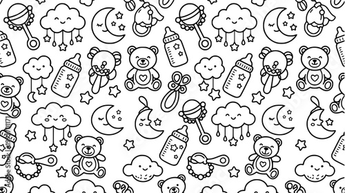 Cute Baby Items Seamless Outline Pattern
