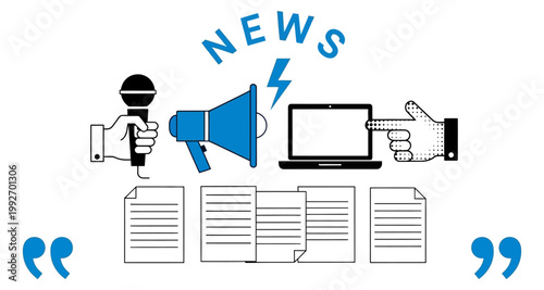 Concept of news reporting and information dissemination with microphone megaphone and laptop