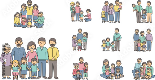 Family members vector collection with parents children grandparents and multi generation groups happy people illustration set