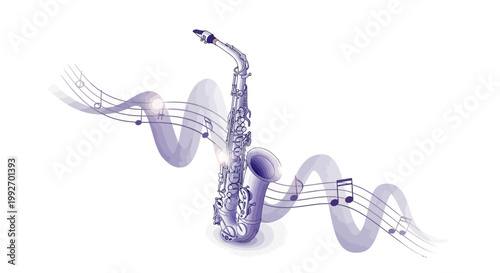 A stylized vector illustration depicts a silver saxophone with musical notes flowing around it in a wavy pattern, set against a clean white background with a simple and elegant artistic