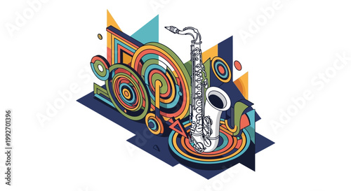 Isometric vector illustration featuring a silver saxophone resting on colorful concentric circles against a white background, with geometric shapes adding depth and a vibrant