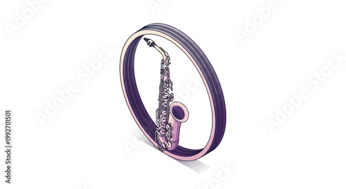 Isometric vector illustration of a saxophone, delicately detailed with engraving and framed by a circular band, set against a stark white backdrop creating a clean and focused presentation