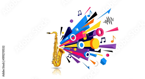 Vibrant vector illustration showcasing a golden saxophone with colorful geometric shapes and musical notes emanating from its bell, set against a clean white background with a playful