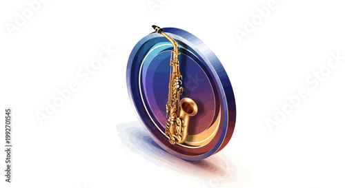 A colorful vector illustration showcases a golden saxophone set against a circular gradient background, providing a vibrant musical emblem with a dynamic and artistic presentation