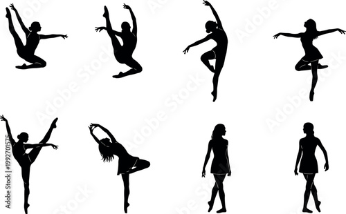 Collection of female dancer silhouettes in various ballet poses and movements elegant black figures isolated on white background
