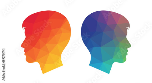 Abstract low poly human heads facing opposite directions representing communication diversity and contrasting ideas